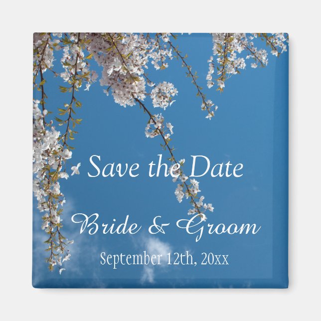 Save the date, cherry blossom branches in blue sky magnet (Front)