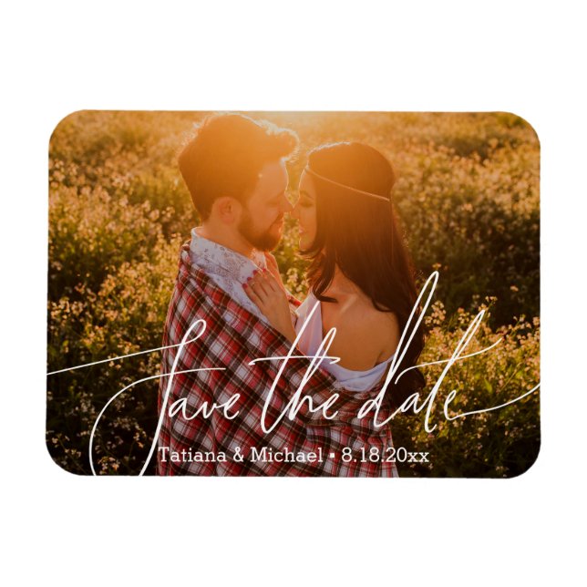 Save the date chic trendy script, couple photo magnet (Horizontal)