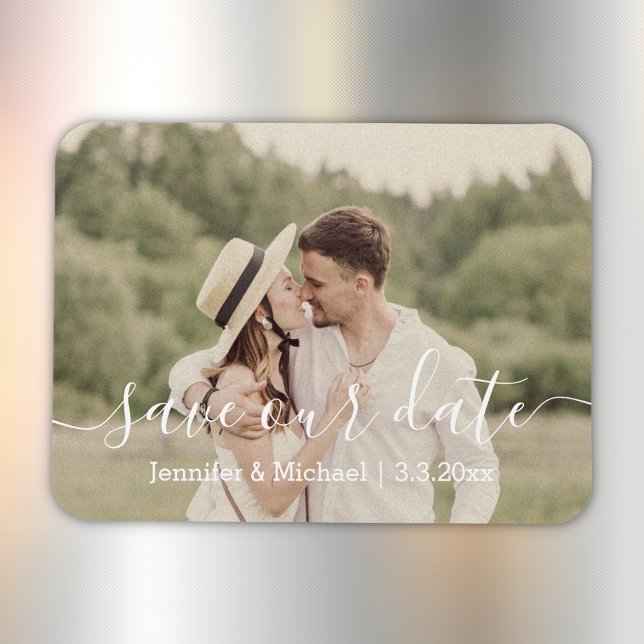 save the date chic white handwriting wedding photo magnet (Creator Uploaded)