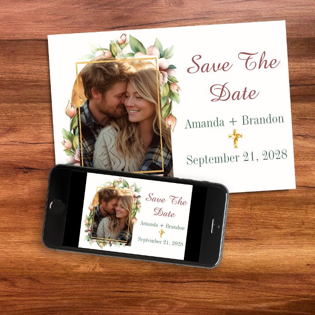 Save The Date Christian Cross Floral Arch Photo (Save The Date Christian Cross Floral Arch Photo Card)