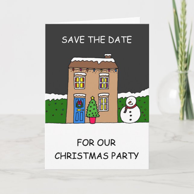 Save the Date Christmas Party Cartoon House Card (Front)