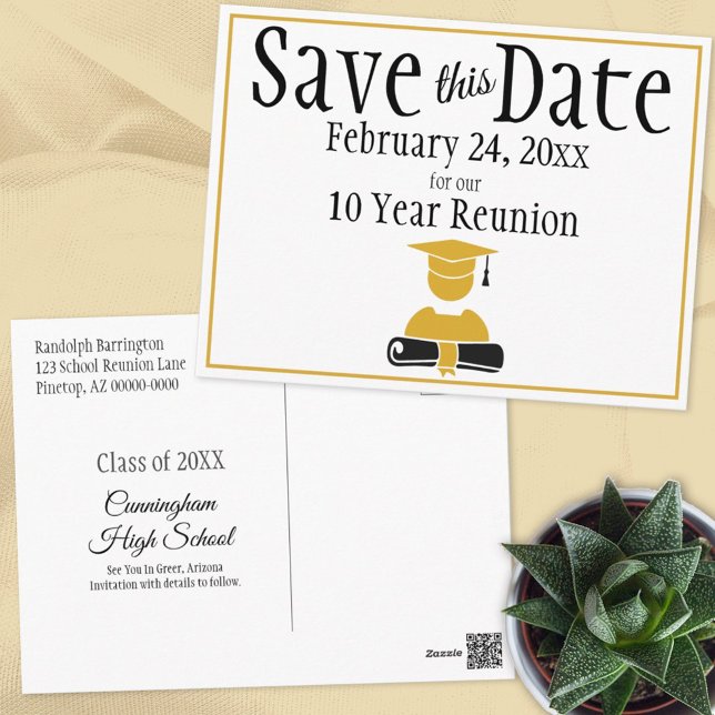 Save The Date Class Reunion Minimalist Black Gold Postcard (Creator Uploaded)
