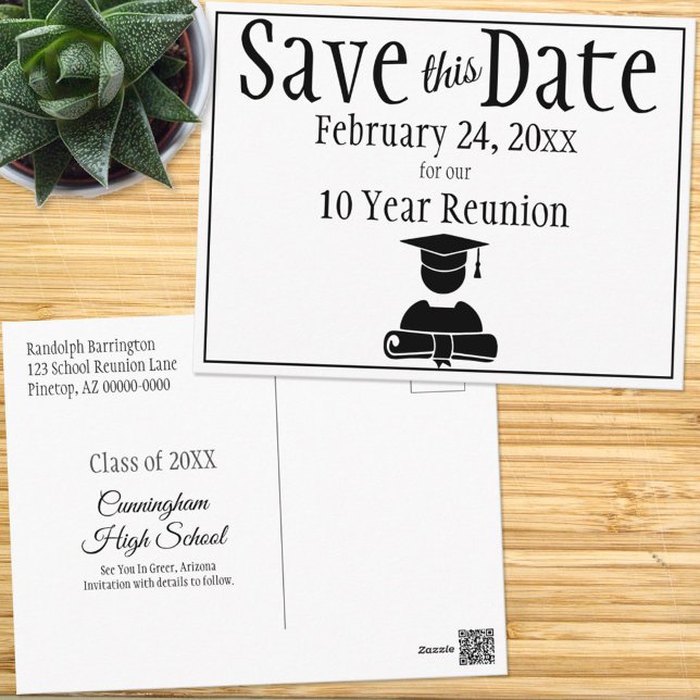 Save The Date Class Reunion Minimalist Black White Postcard (Creator Uploaded)