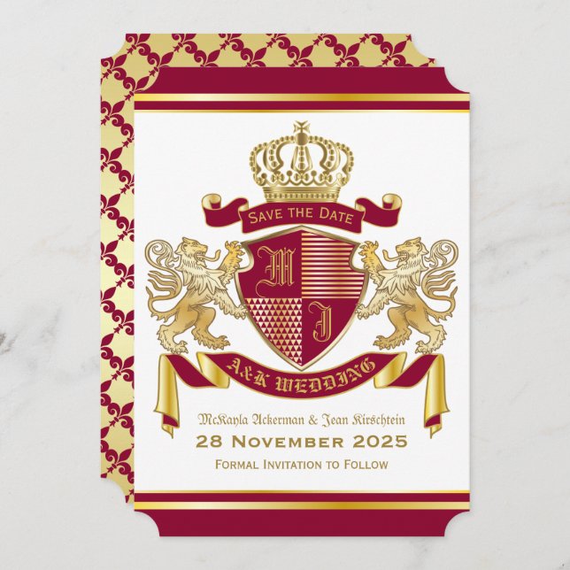 Save the Date Coat of Arms Red Gold Lion Emblem Invitation (Front/Back)