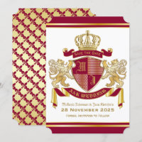Save the Date Coat of Arms Red Gold Lion Emblem