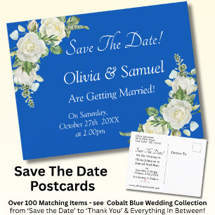 Save The Date - Cobalt Blue & White Roses Wedding  Announcement Postcard