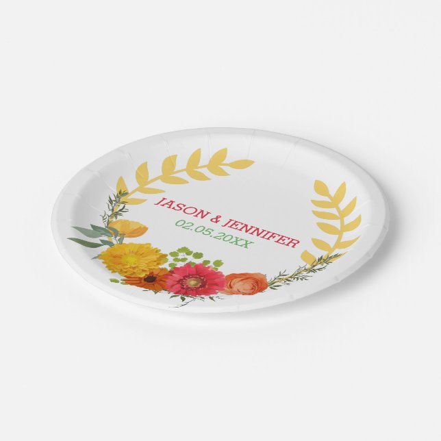 Save The Date - Colourful Floral Wreath Paper Plate (Angled)