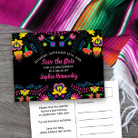 Save the Date Colourful Mexican Fiesta Floral Announcement Postcard<br><div class="desc">Save the Date Postcard which you can customise to suit any occasion. The Mexican fiesta floral design has an abundance of colourful flowers on the front with handwritten brushed typography in pink, on a black background. The template is set up for you to personalise the postcard with your special date,...</div>