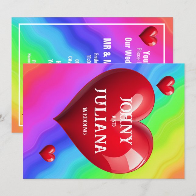 Save The Date Colourful Wedding Red Heart Invitation (Front/Back)