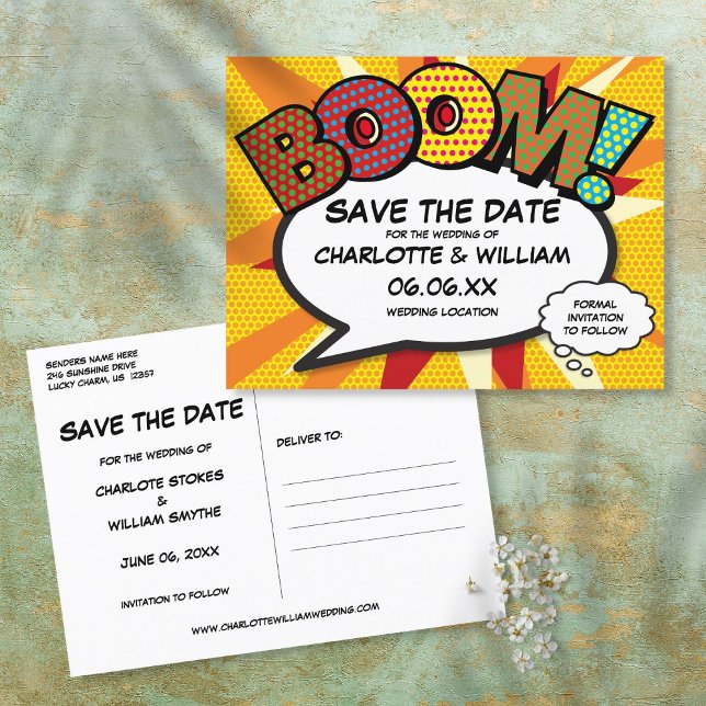 Save the Date Comic Book BOOM Modern Fun Announcement Postcard (Creator Uploaded)