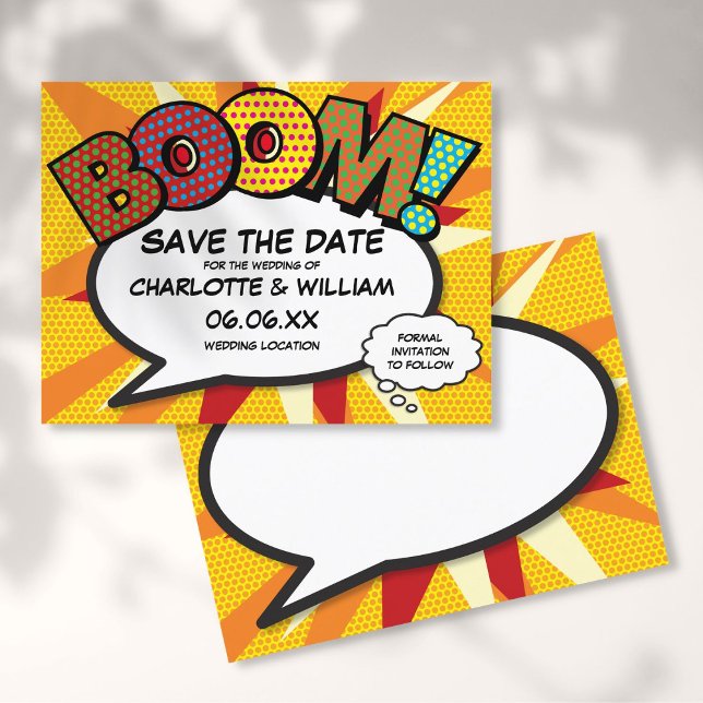 Save the Date Comic Book BOOM Modern Fun Announcement Postcard (Creator Uploaded)