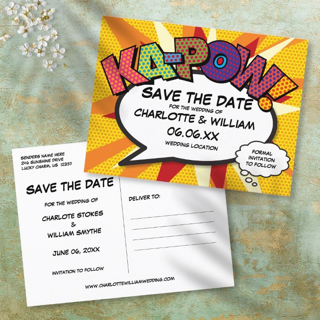 Save the Date Comic Book KA-POW Modern Fun Announcement Postcard (Save the Date Comic Book KA-POW Modern Fun Announcement Postcard)