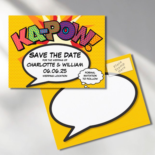 Save the Date Comic Book KA-POW Modern Fun Announcement Postcard (Creator Uploaded)