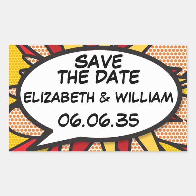 SAVE THE DATE Comic Book Pop Art Speech Bubble Rectangular Sticker (Front)