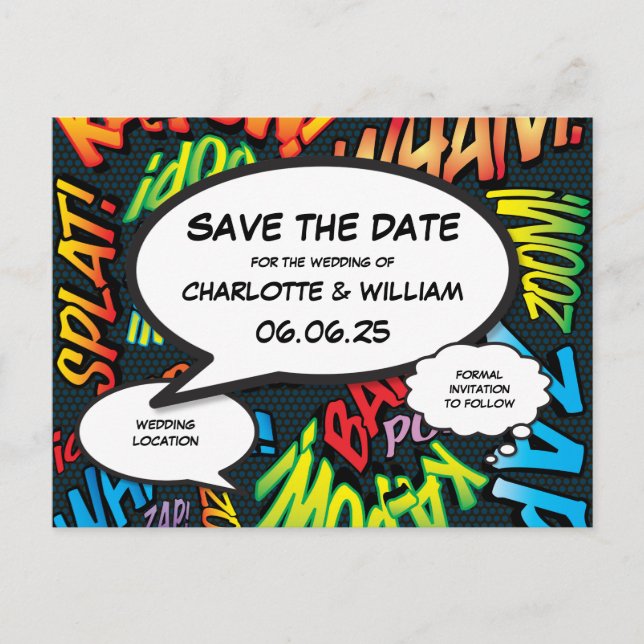 Save the Date Comic Book Theme Superhero Wedding Announcement Postcard (Front)