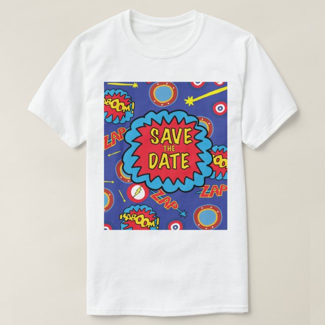 Save the Date Comic Heroes T-Shirt (Design Front)