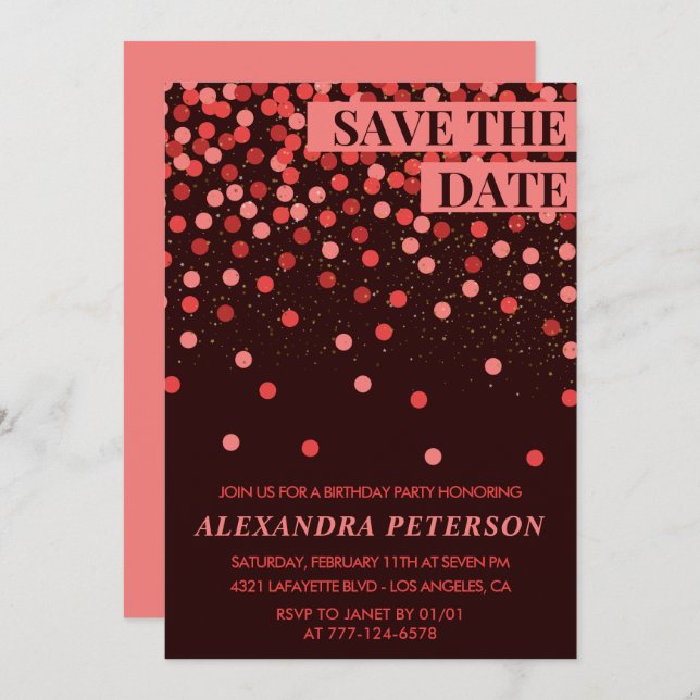Save the date Confetti Red 98th birthday Invitation (Front/Back)