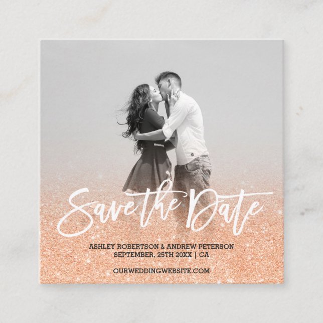 Save the Date Copper tan faux glitter photo Square Business Card (Front)