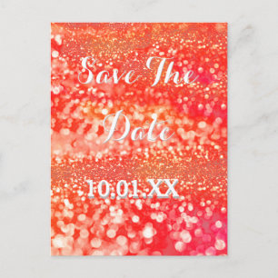 Save The Date Coral and Pink Sparkle Announcement Postcard