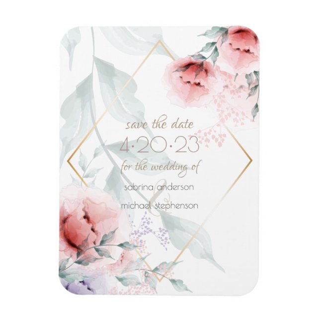 Save the Date |  Coral/Lilac Aquarelle Peony Magnet (Vertical)
