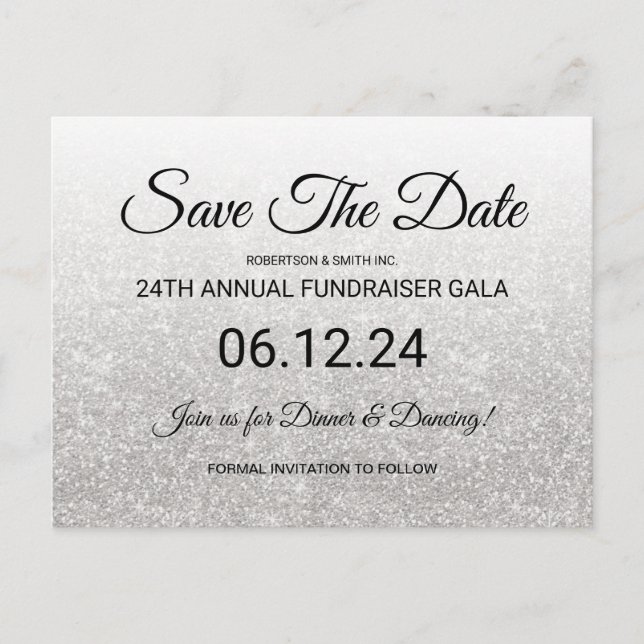 Save The Date Corporate Fundraiser Silver Glitter Postcard (Front)