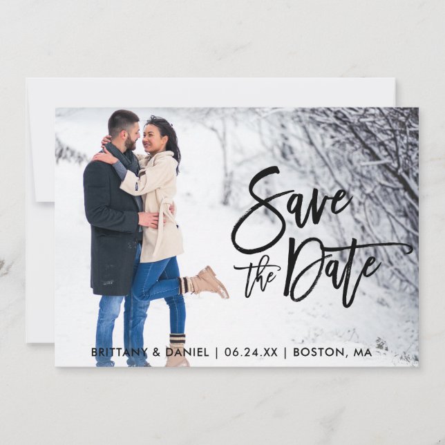 Save The Date Couple Photo Brush Script Card (Front)