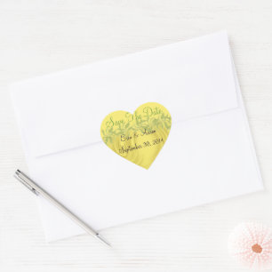 "Save the Date" Curls Over Yellow Personalised Heart Sticker