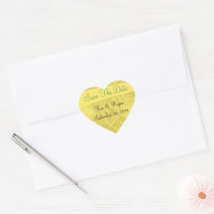 "Save the Date" Curls Over Yellow Personalised Heart Sticker