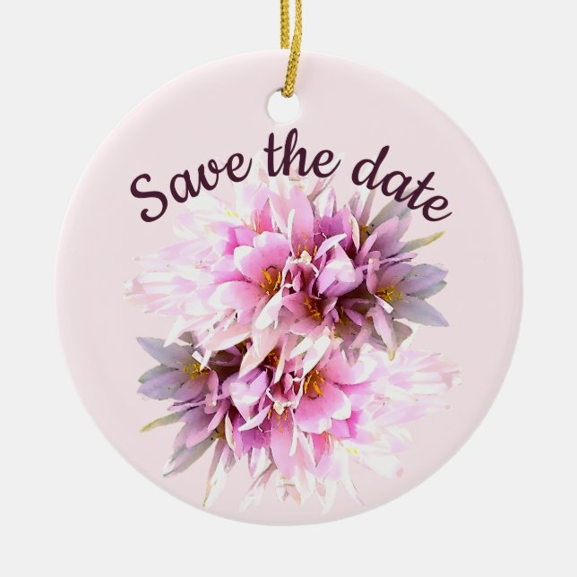 Save the date custom pink flowers ceramic ornament (Front)