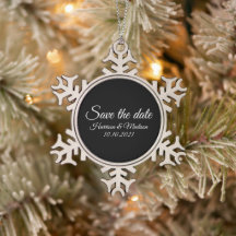 Save the Date custom script Wedding Announcement  Snowflake Pewter Christmas Ornament