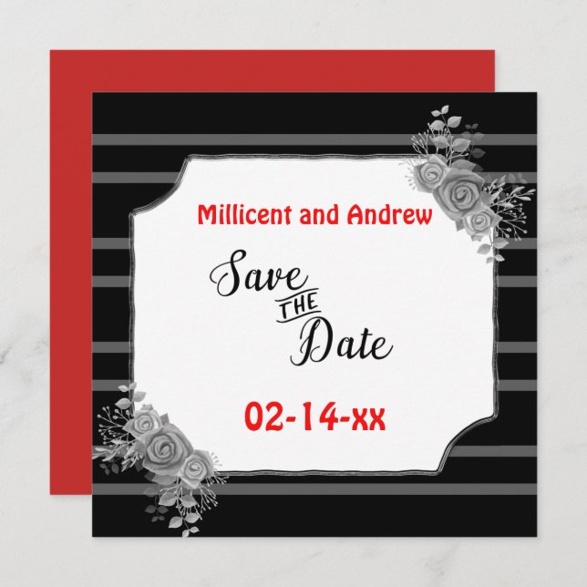 Save the Date Custom Text Black & White Red Text (Front/Back)
