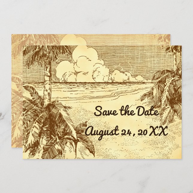 Save the Date Custom Vintage Beach Etching Announcement (Front/Back)