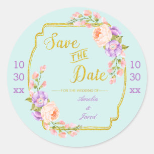 Save the Date Customisable Floral and Gold Classic Round Sticker