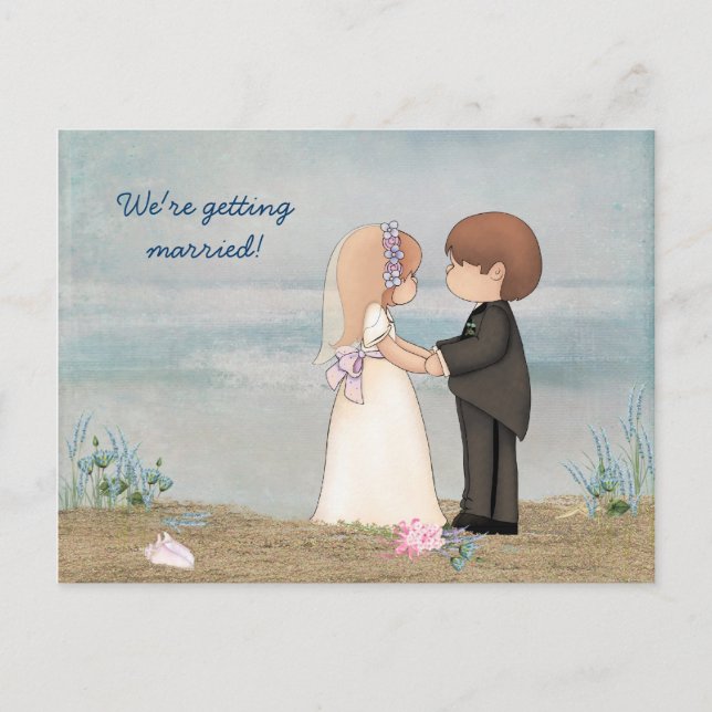 Save The Date cute couple on beach Announcement Postcard (Front)