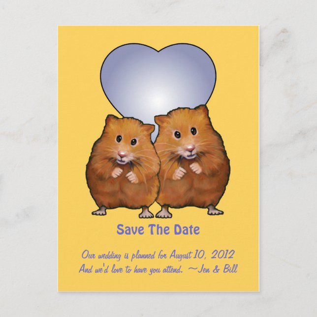 Save The Date: Cute Hamster Couple: Heart Announcement Postcard (Front)