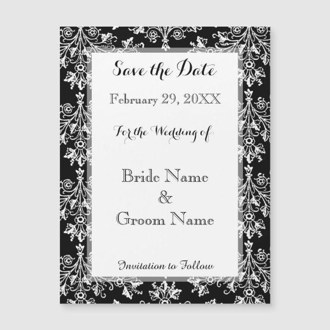 Save the Date Damask Black on White Magnetic Card (Front)