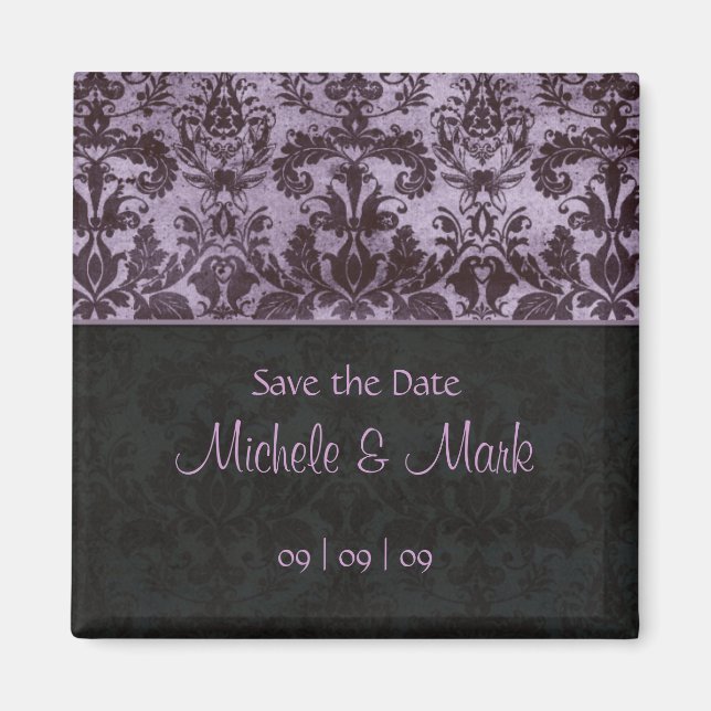 Save the Date Damask Magnet 2b Purple (Front)