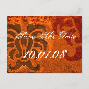 Save The Date - Damask - Orange and Brown Announcement Postcard