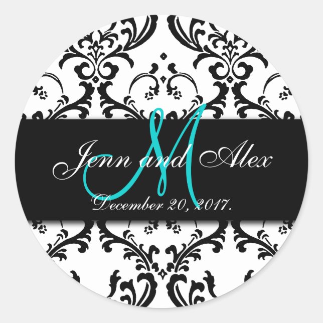 Save the Date Damask Stickers Monogram Names (Front)