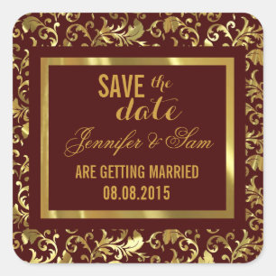 Save The Date-Dark Brown And Gold Vintage Damasks Square Sticker