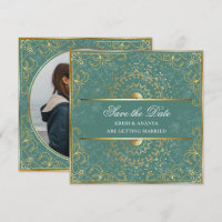 Save the date, Dazzling Green and Gold Wedding