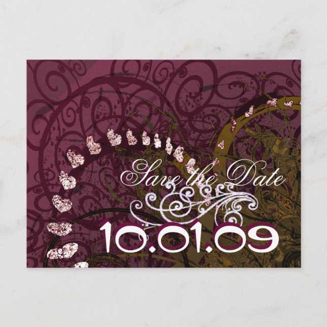 Save The Date Deep Purple Hearts - Announcement Postcard (Front)