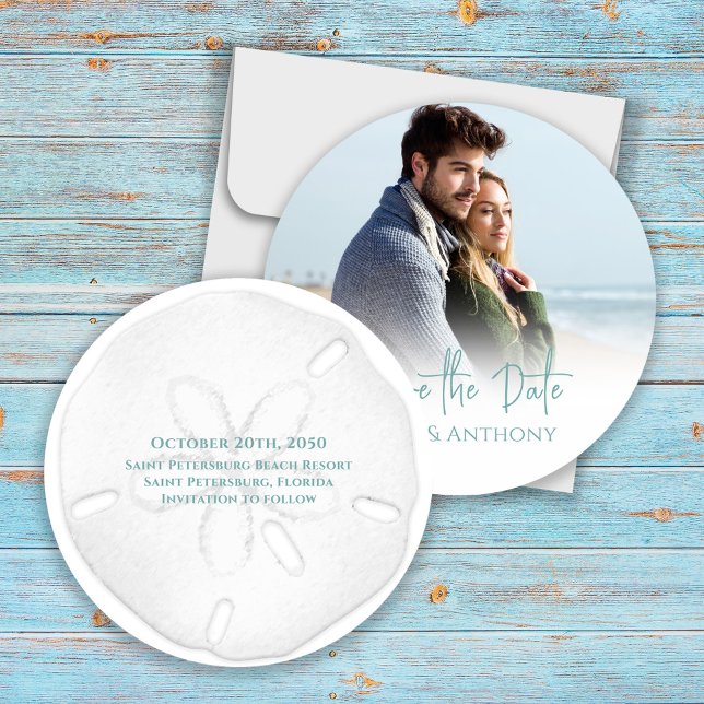 Save the Date Destination Beach Wedding  (Wedding destination Save the Date photo circle beach template. )