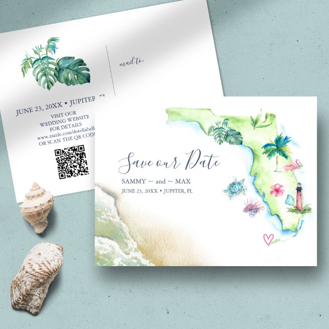 Save the Date Destination Wedding Florida Map Postcard (Destination wedding invitation with QR code tropical watercolor Florida map by Victoria Grigaliunas)
