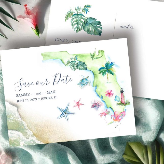 Save the Date Destination Wedding Florida Postcard (save the date postcards features Florida map destination wedding art by Victoria Grigaliunas)