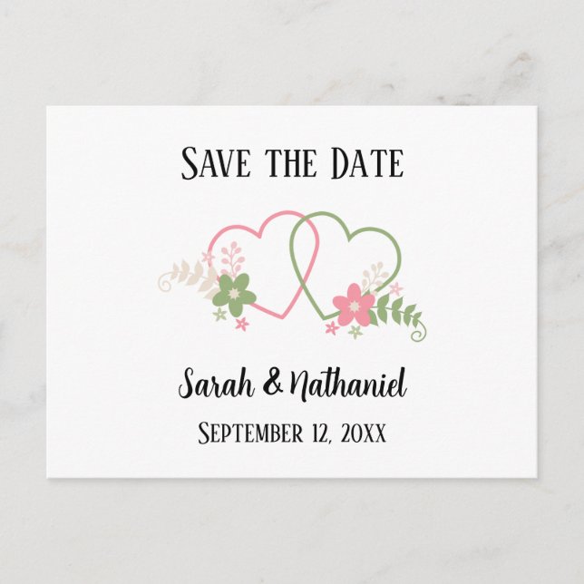 Save the Date Dual Hearts Bride & Groom Names Date Postcard (Front)