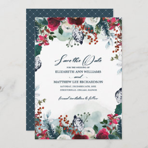 Save the Date. Dusty Blue Burgundy Bloom Wedding Invitation