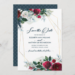 Save the Date. Dusty Blue   Burgundy Bloom Wedding Invitation