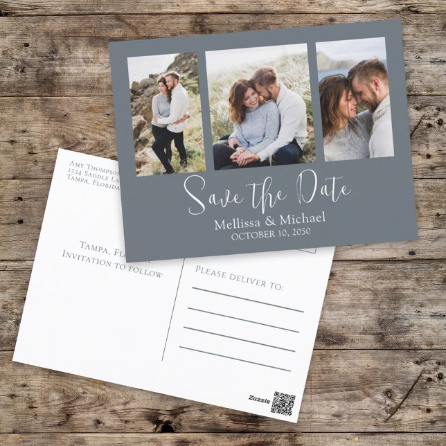 Save the Date Dusty Blue Elegant Wedding Photo Postcard (Creator Uploaded)