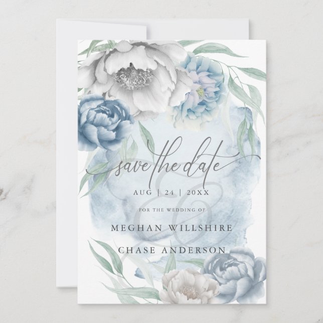 Save the Date Dusty Blue Ivory Rustic Flowers  Invitation (Front)